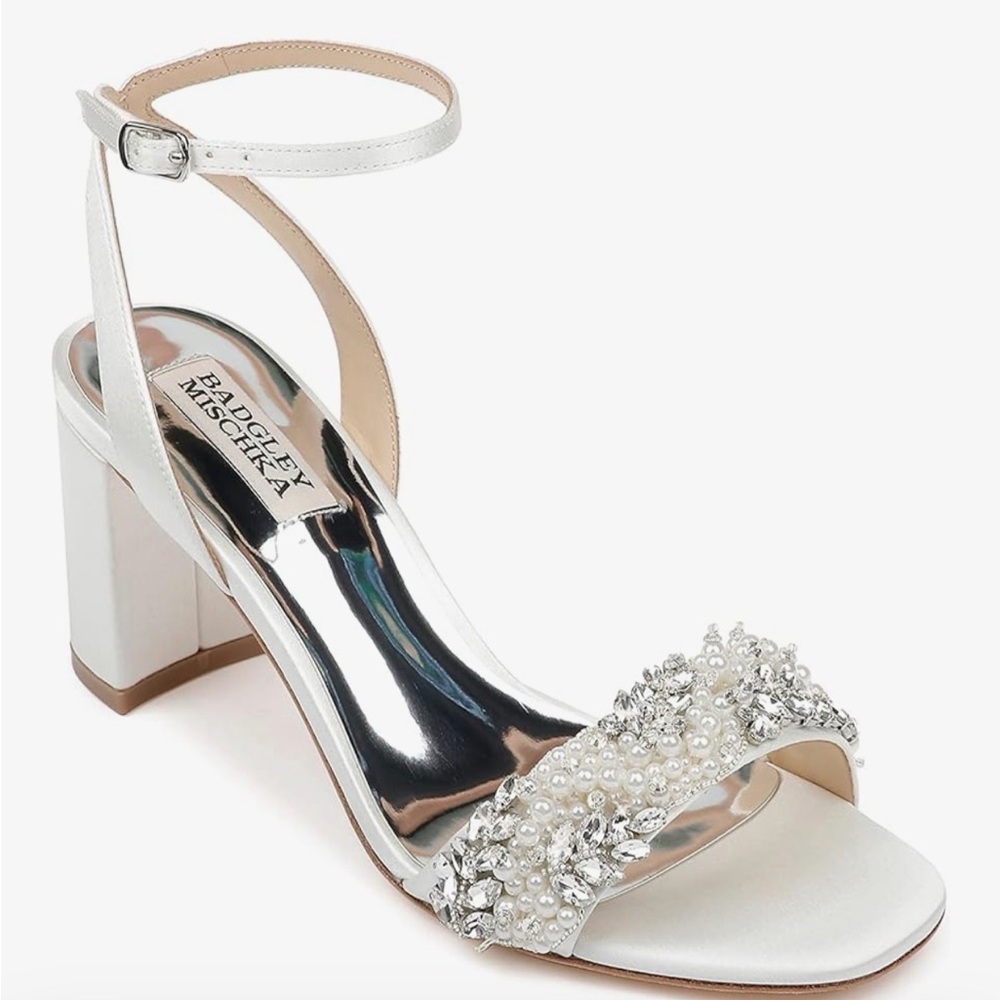 Badgley Mischka Pearl & Crystal Ankle-Strap Block Heels - Soft White